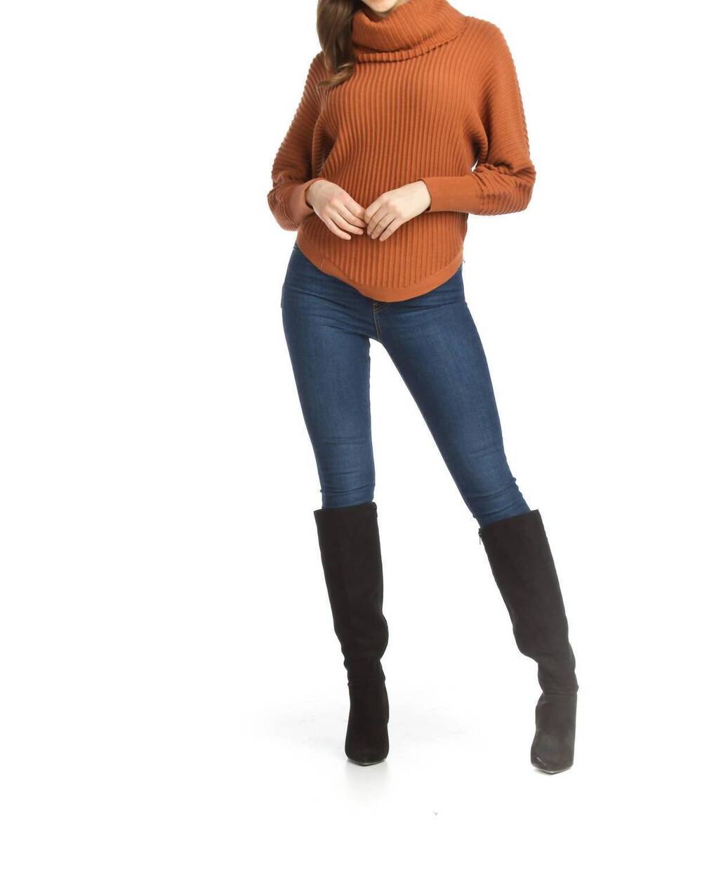NEW PAPILLON cowl neck ribbed sweater in rust